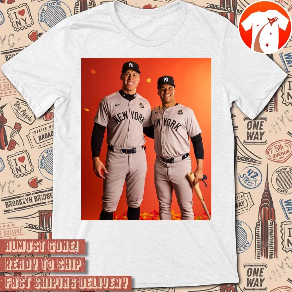 Official New York Yankees MLB 2024 Aaron Judge, Juan Soto and the Yankees in Game 1 of the World Series Poster t-shirt