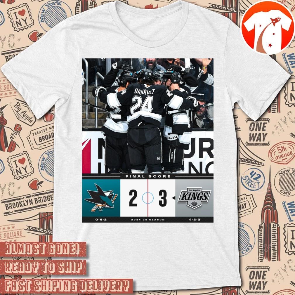 Official Poster Final Score San Jose Sharks 2 - 3 Los Angeles Kings NHL 2024-25 Season t-shirt