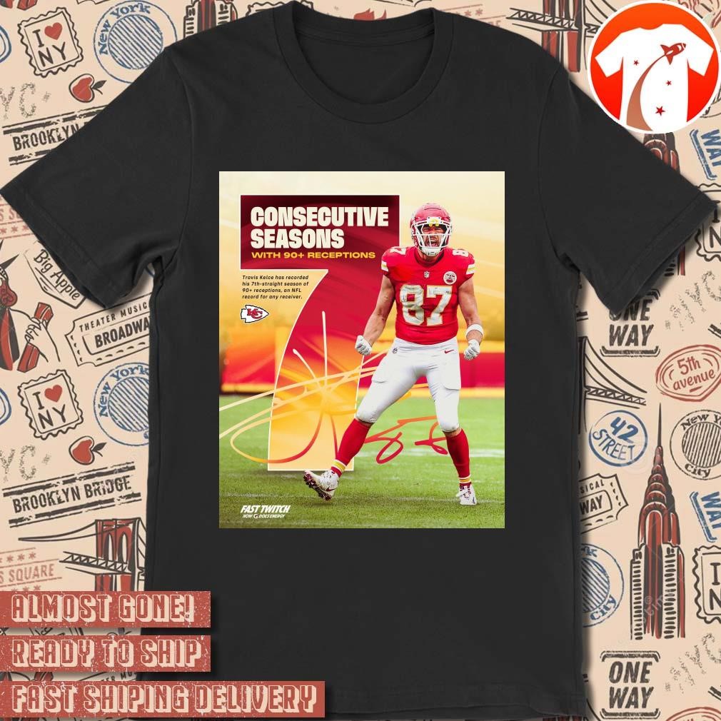 Official Poster Kansas City Chiefs Travis Kelce NFL Football Consecutive Seasons With 90+ Receptions Signature t-shirt