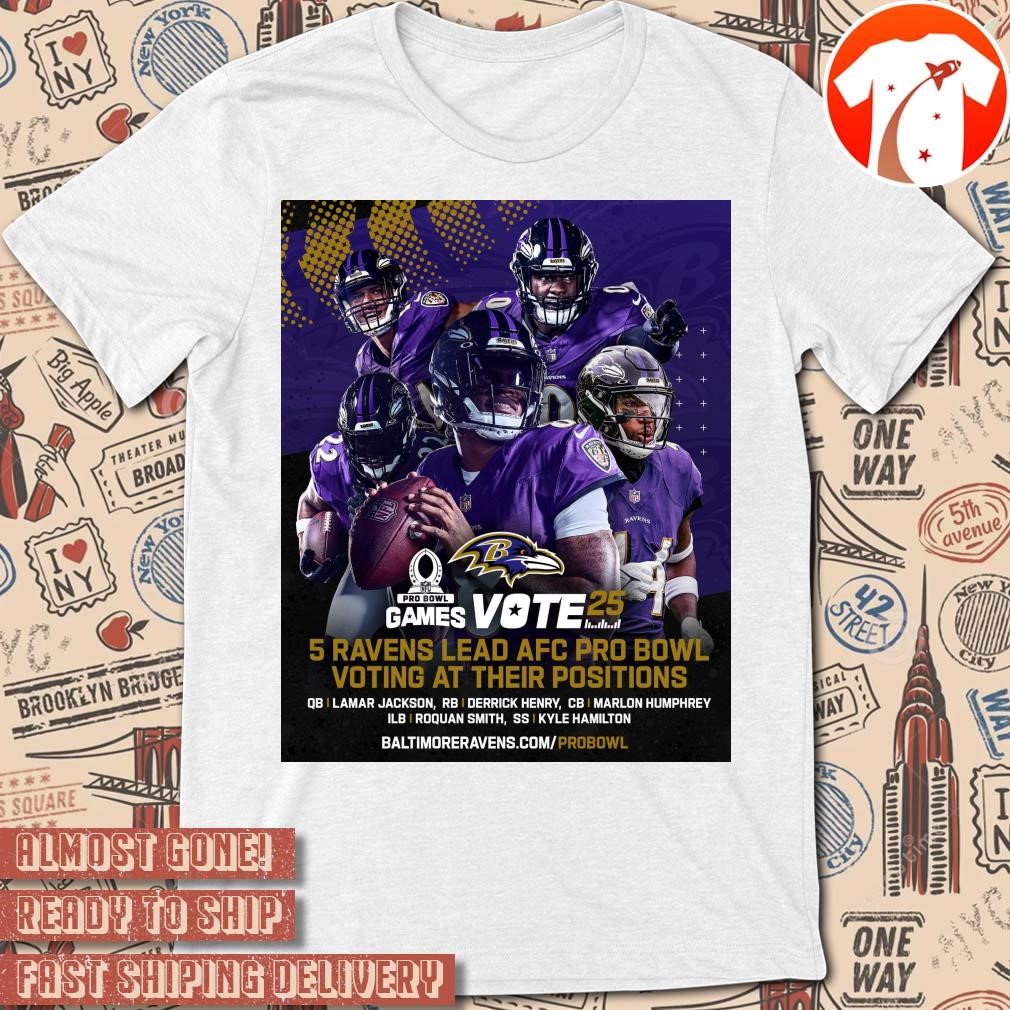 Official Poster NFL Football Baltimore Ravens Pro Game Vote 25 5 Ravens Lead AFC Pro Bowl Voting At Their Positions t-shirt