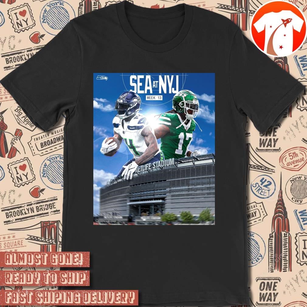 Official Poster Seattle Seahawks At New York Jets Week 13 Metlife Stadium On The Road Again t-shirt