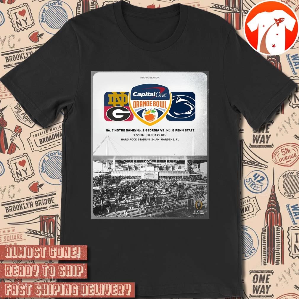 Official Poster Orange Bowl Football Notre Dame - Georgia Bulldogs Vs Penn State January 9th Hard Rock Stadium Miami Gardens, Fl t-shirt